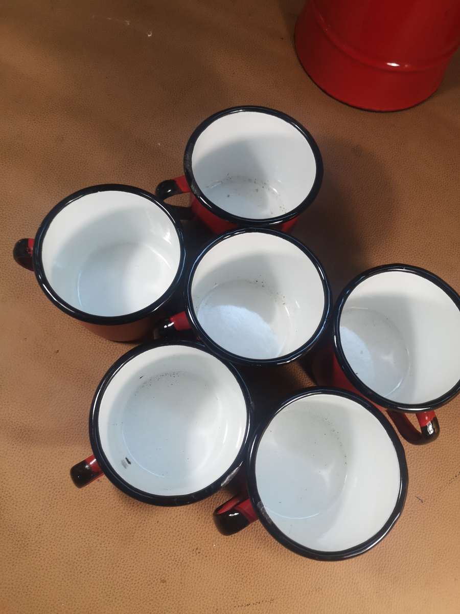 Magnificent Vintage Red 8 Pce Enamel Tea Set - Made in Poland
