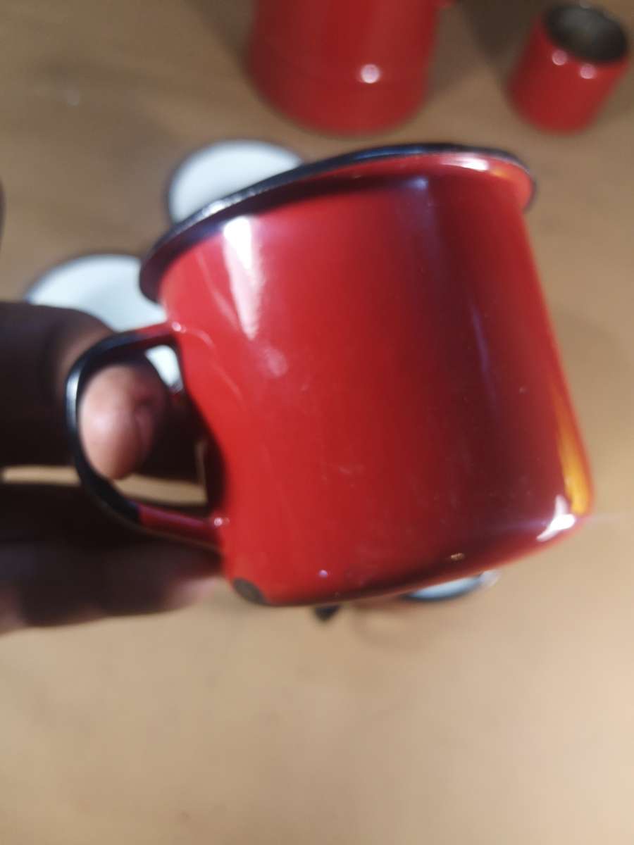 Magnificent Vintage Red 8 Pce Enamel Tea Set - Made in Poland