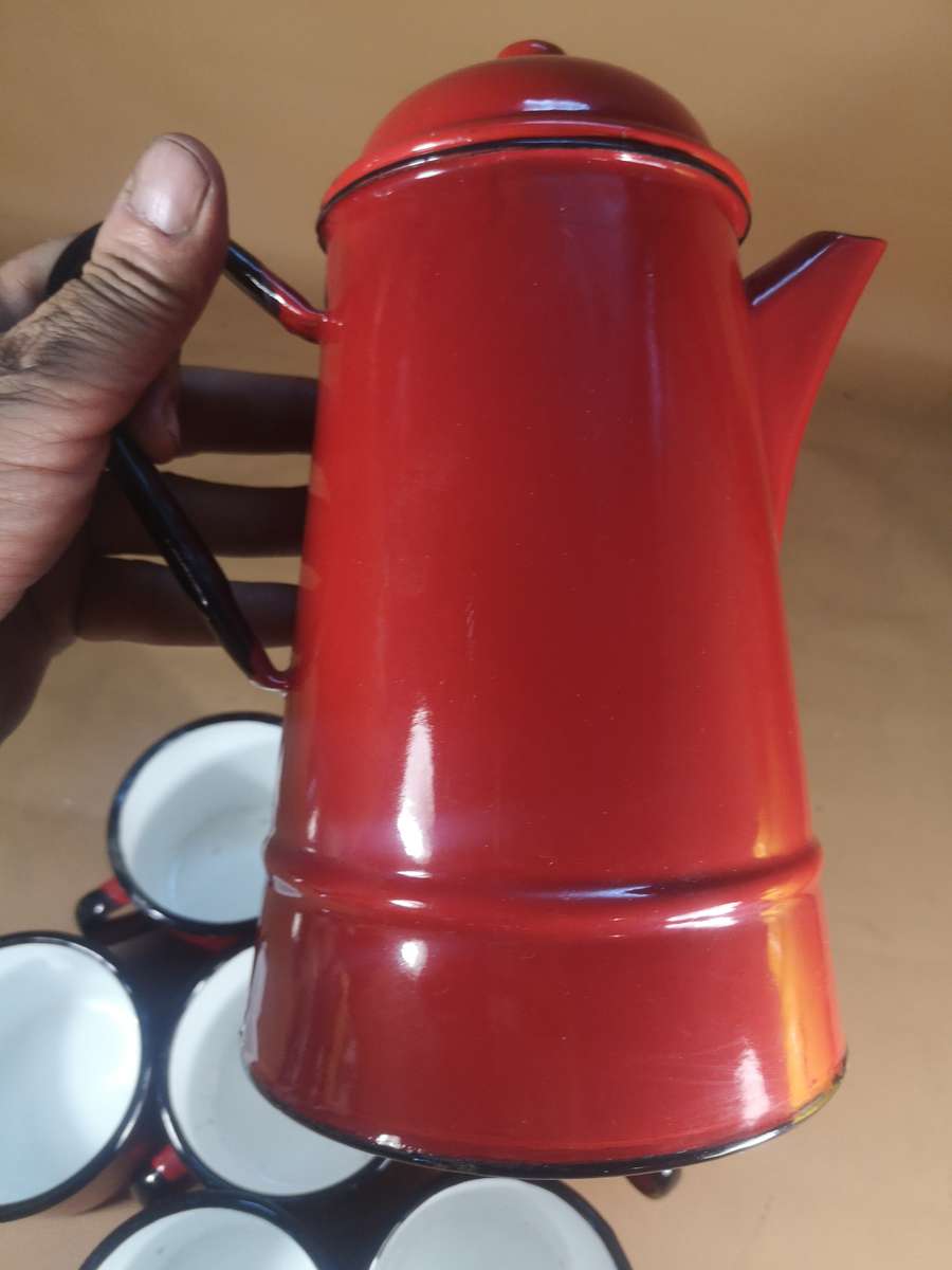 Magnificent Vintage Red 8 Pce Enamel Tea Set - Made in Poland