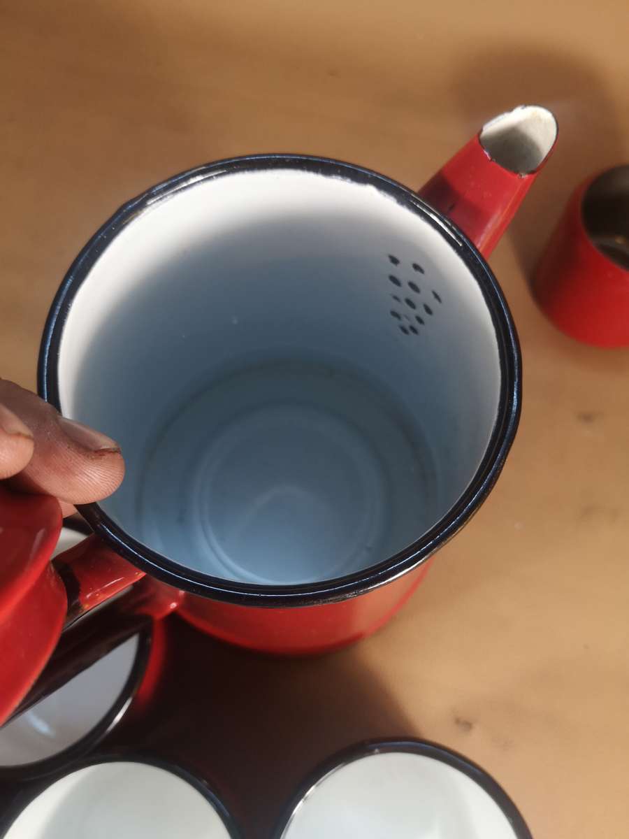 Magnificent Vintage Red 8 Pce Enamel Tea Set - Made in Poland