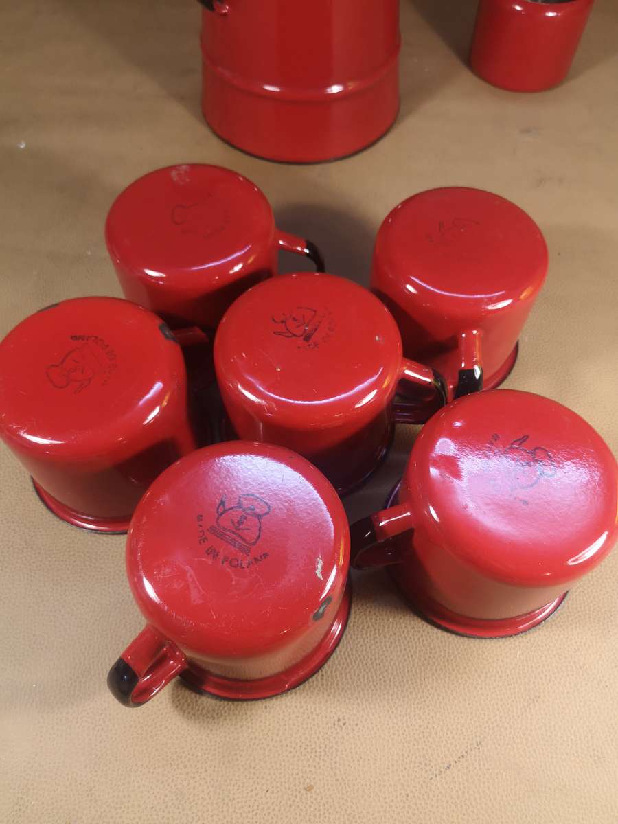 Magnificent Vintage Red 8 Pce Enamel Tea Set - Made in Poland