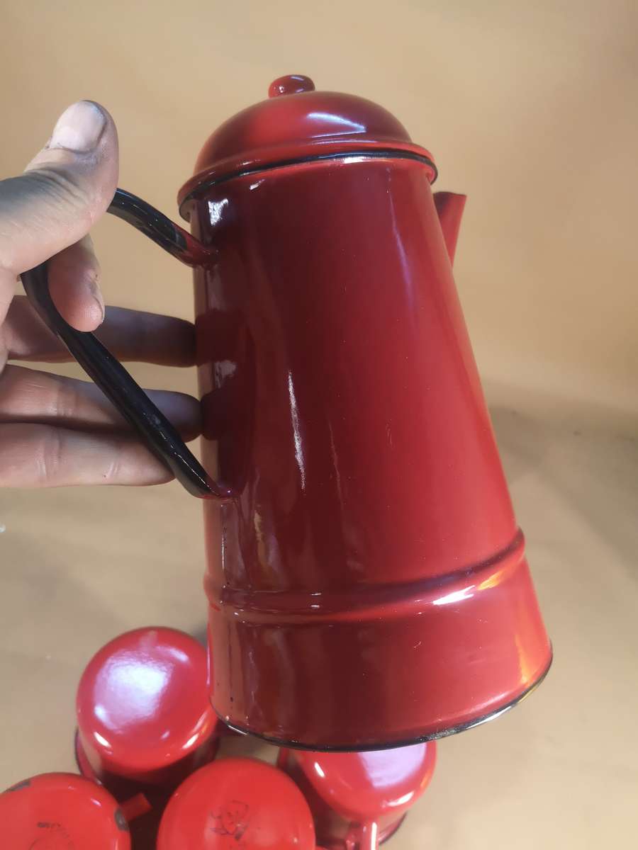 Magnificent Vintage Red 8 Pce Enamel Tea Set - Made in Poland