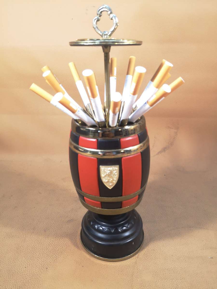 Rare Vintage 1960s Tin Barrel Tabletop Cigarette Holder
