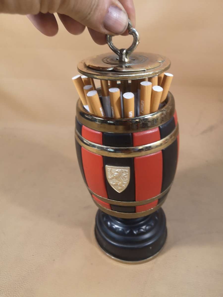 Rare Vintage 1960s Tin Barrel Tabletop Cigarette Holder