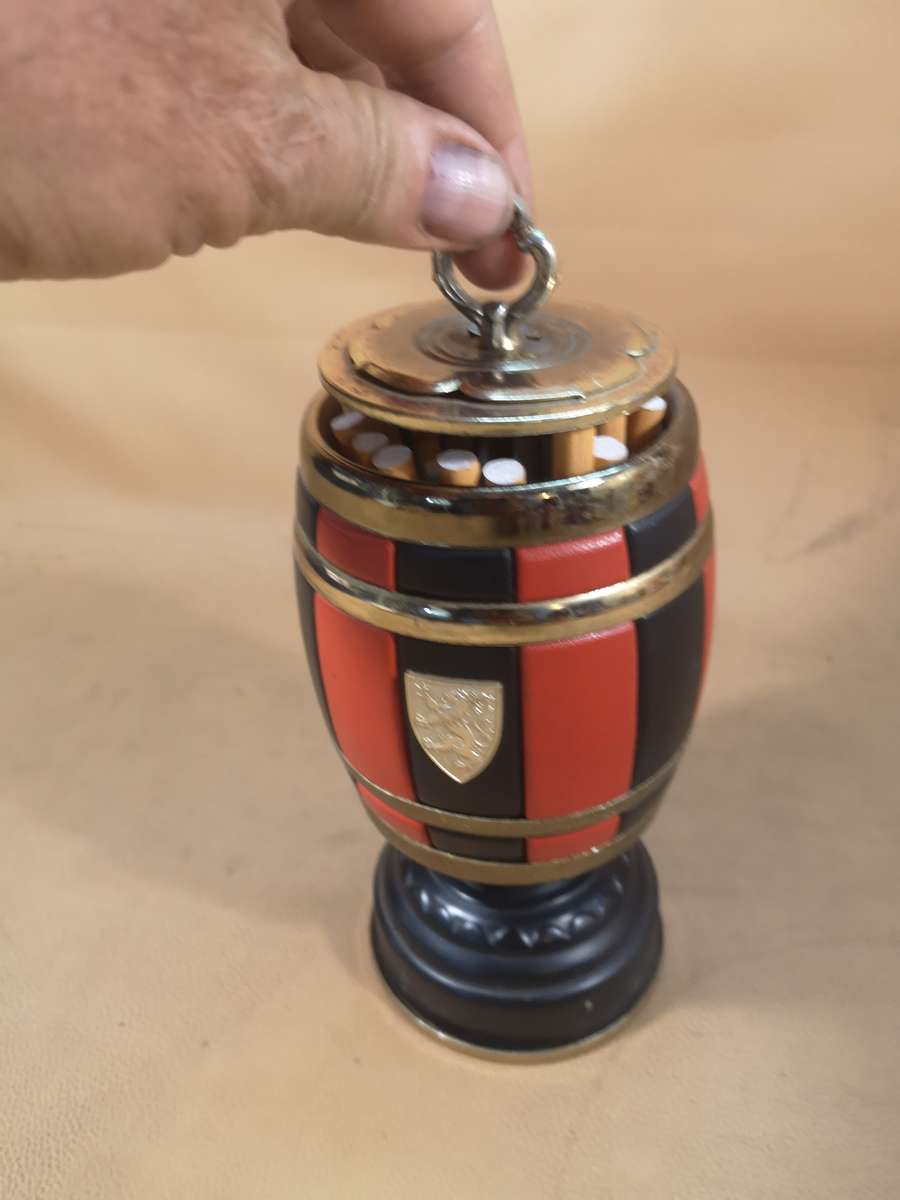 Rare Vintage 1960s Tin Barrel Tabletop Cigarette Holder