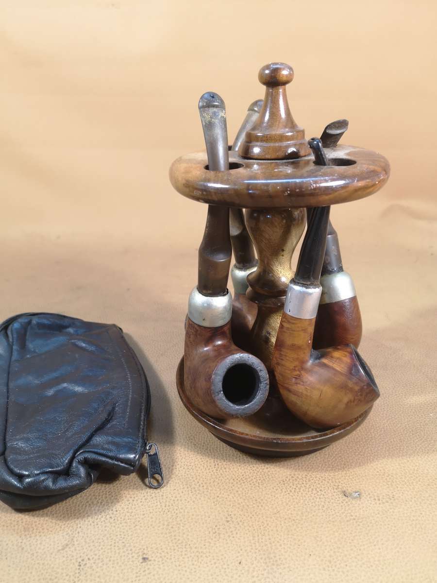 4 Magnificent Vintage Sterling Silver & Briar Wood Peterson Ireland Pipes With Stand and Pouch