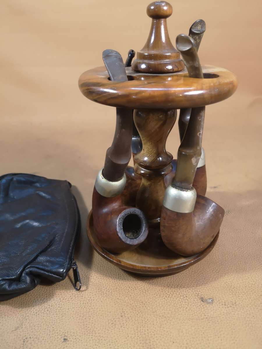 4 Magnificent Vintage Sterling Silver & Briar Wood Peterson Ireland Pipes With Stand and Pouch