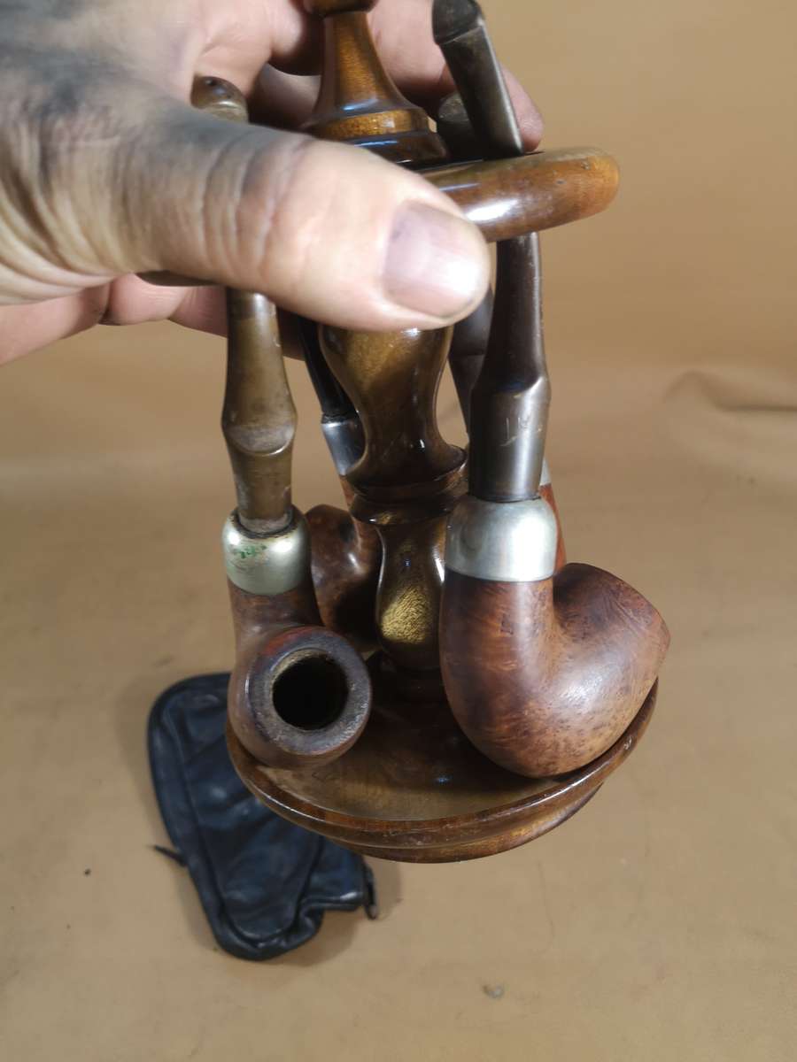 4 Magnificent Vintage Sterling Silver & Briar Wood Peterson Ireland Pipes With Stand and Pouch