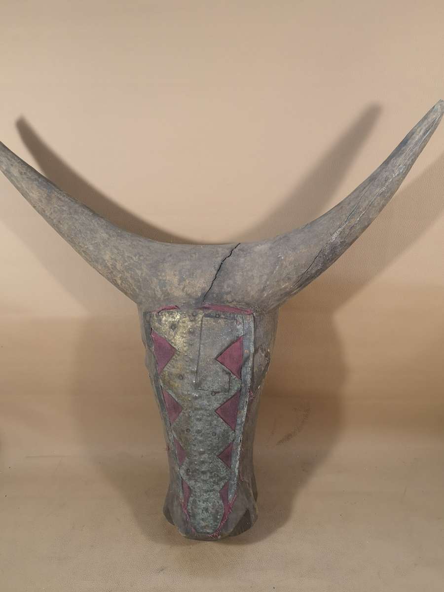 Very Large Antique African Hand Carved Tribal Bidjogo Mask - Brass and Wood