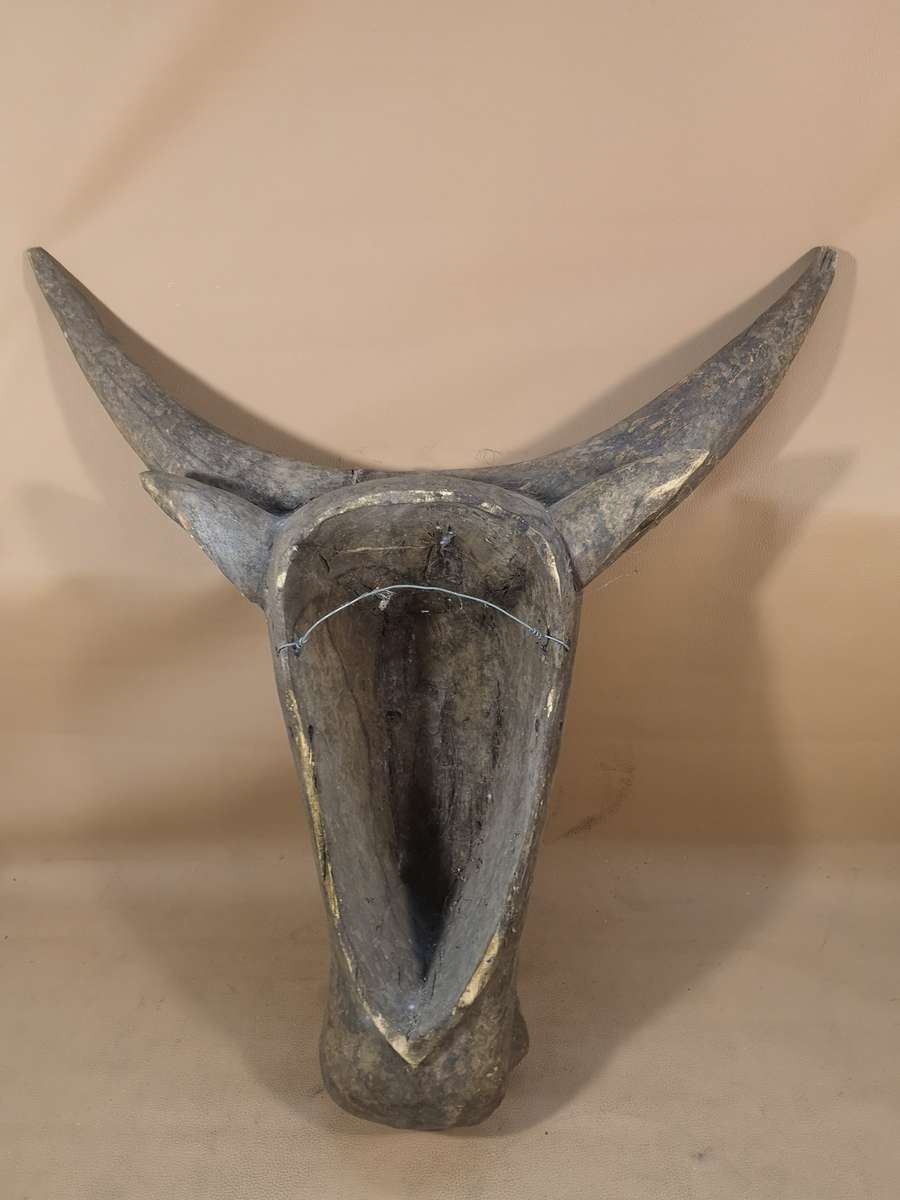 Very Large Antique African Hand Carved Tribal Bidjogo Mask - Brass and Wood