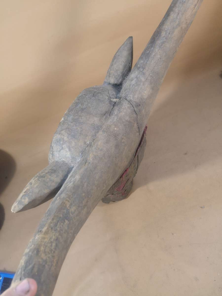 Very Large Antique African Hand Carved Tribal Bidjogo Mask - Brass and Wood