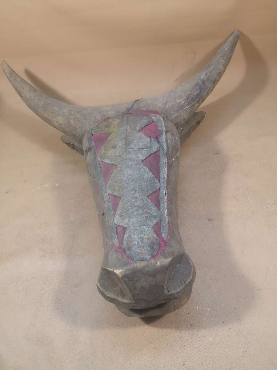 Very Large Antique African Hand Carved Tribal Bidjogo Mask - Brass and Wood