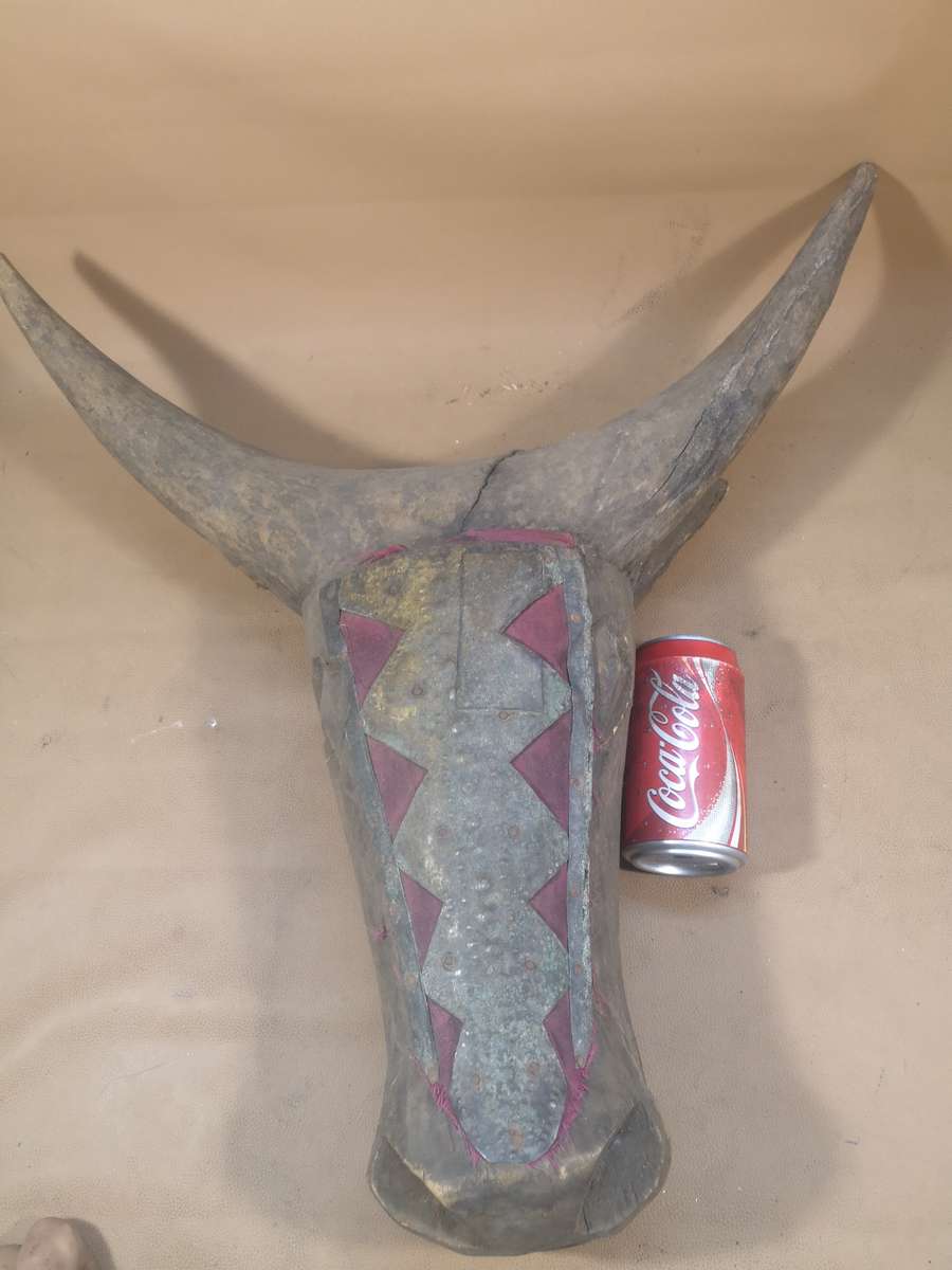 Very Large Antique African Hand Carved Tribal Bidjogo Mask - Brass and Wood