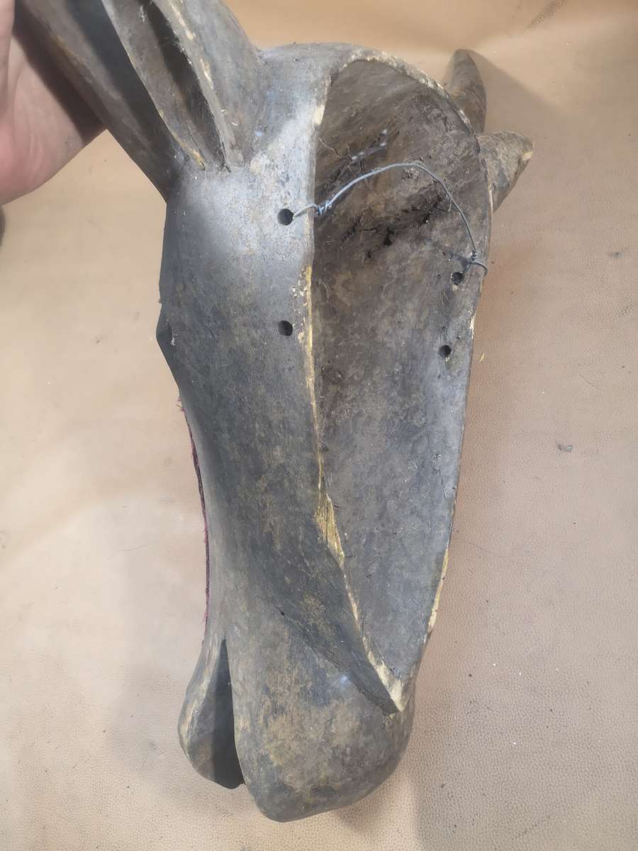 Very Large Antique African Hand Carved Tribal Bidjogo Mask - Brass and Wood