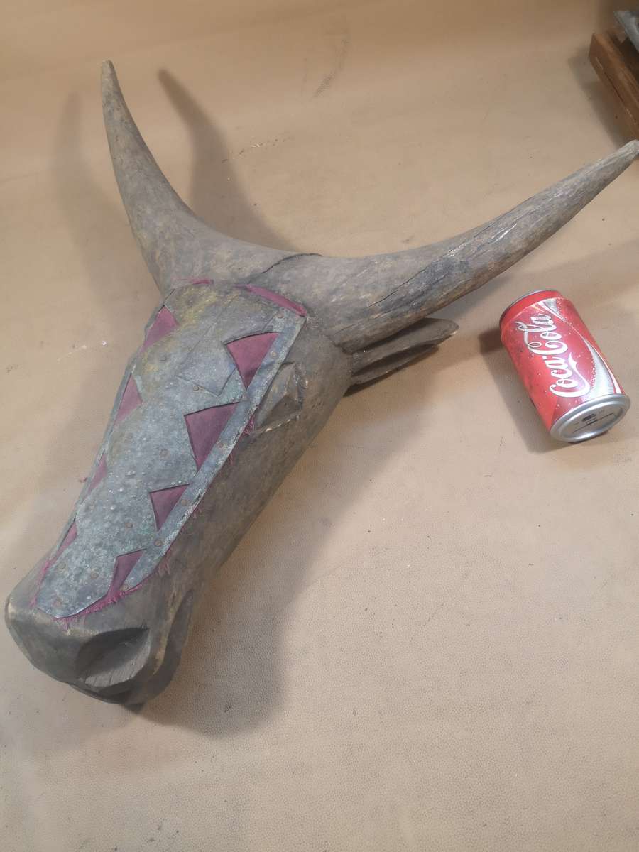 Very Large Antique African Hand Carved Tribal Bidjogo Mask - Brass and Wood