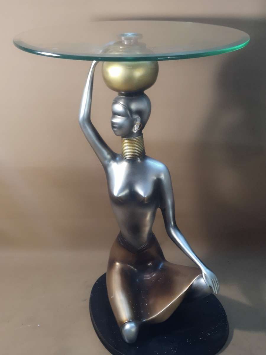 Mid century modern Ndebele woman sculpture glass top table 630mm high x 460mm wide