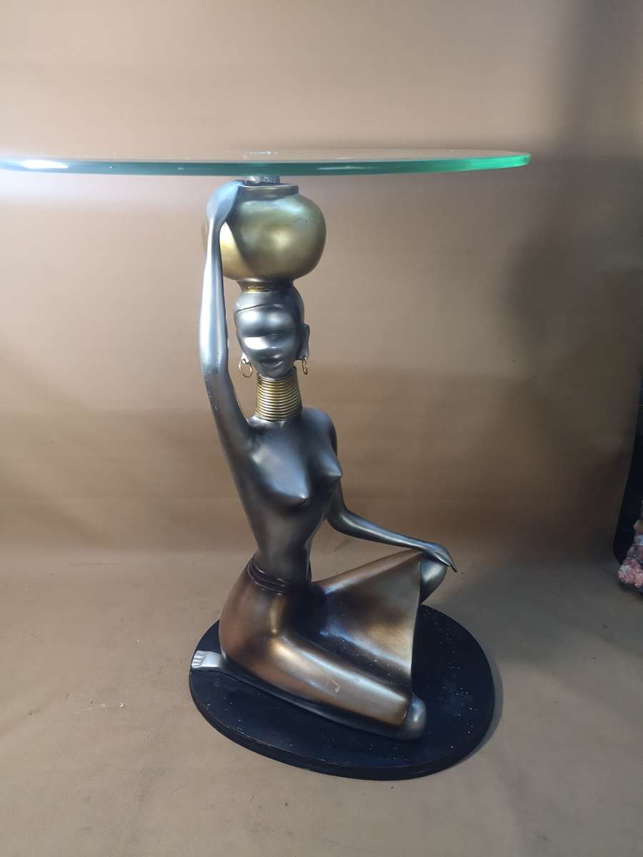Mid century modern Ndebele woman sculpture glass top table 630mm high x 460mm wide