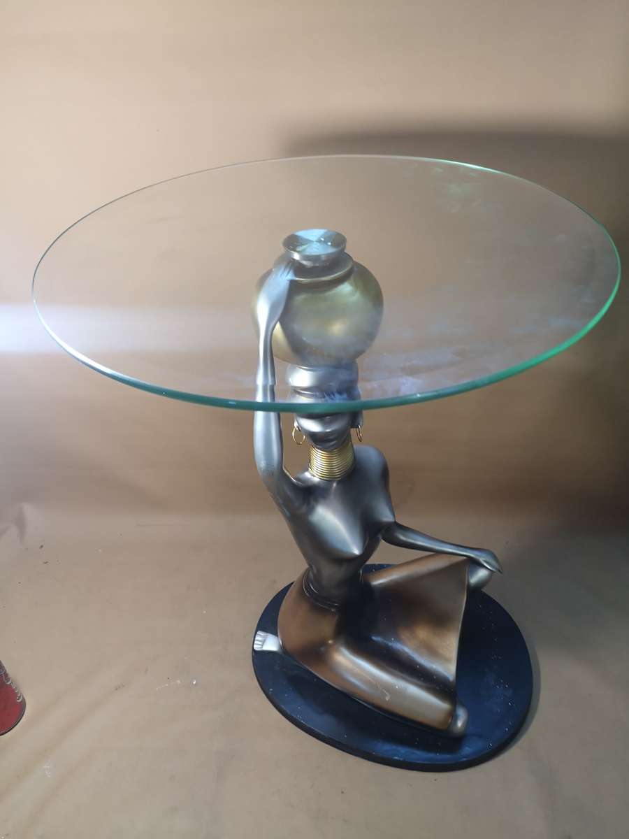 Mid century modern Ndebele woman sculpture glass top table 630mm high x 460mm wide