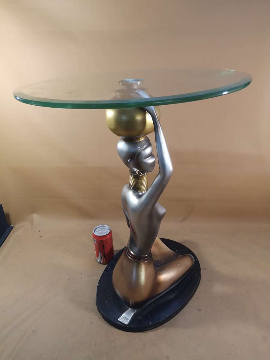 Mid century modern Ndebele woman sculpture glass top table 630mm high x 460mm wide