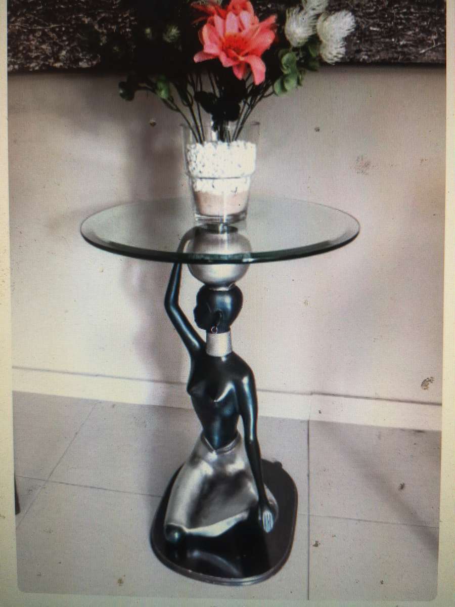 Mid century modern Ndebele woman sculpture glass top table 630mm high x 460mm wide