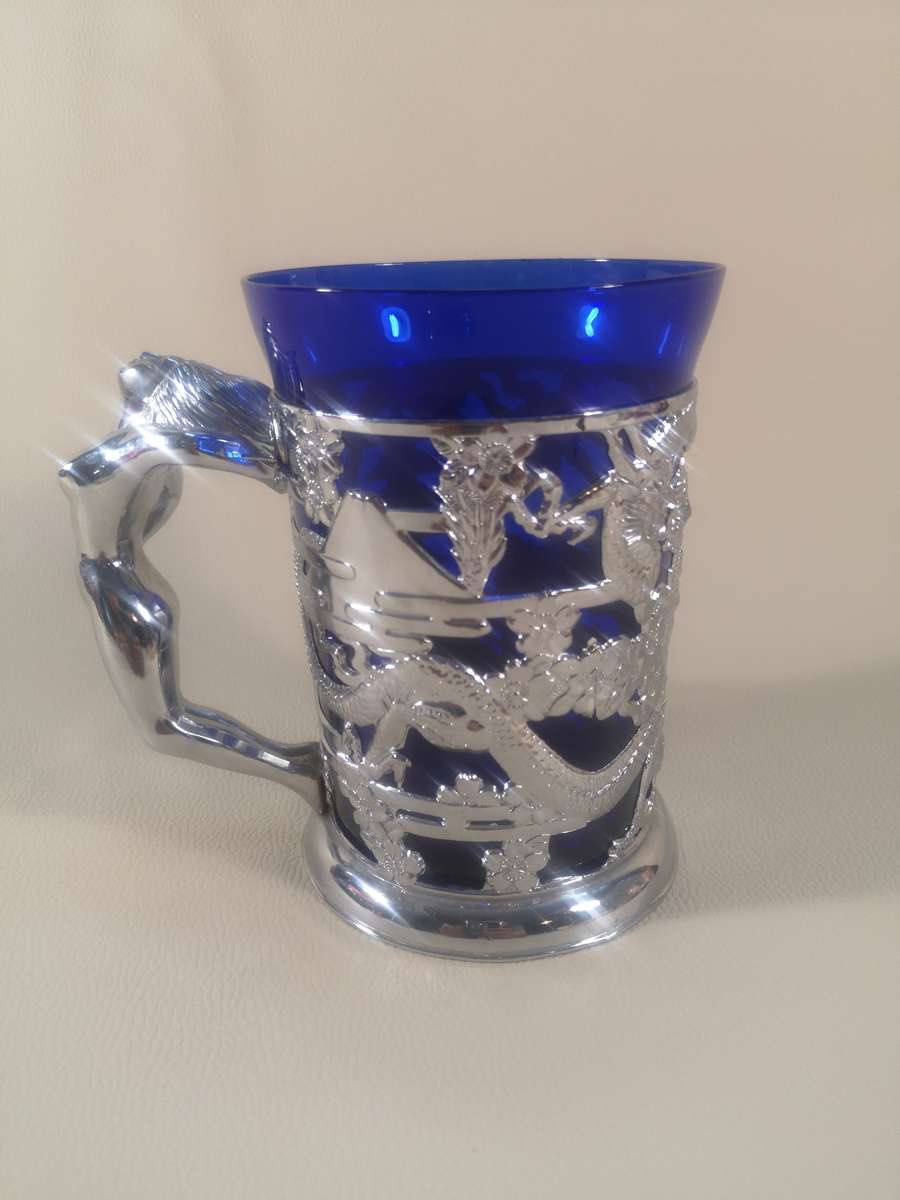 Vintage 1940's Naked Lady Cobalt Blue Art Glass & Silver Chrome Tankard