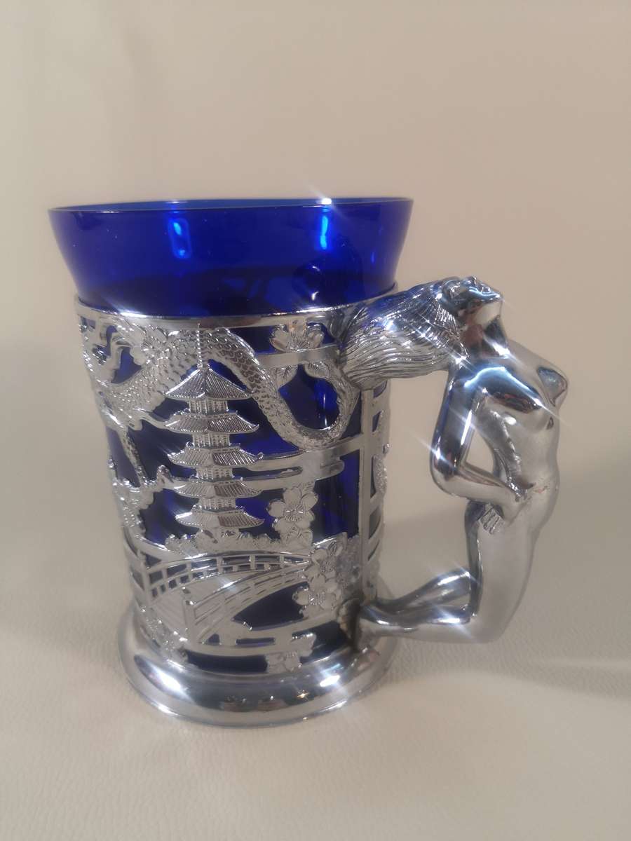 Vintage 1940's Naked Lady Cobalt Blue Art Glass & Silver Chrome Tankard