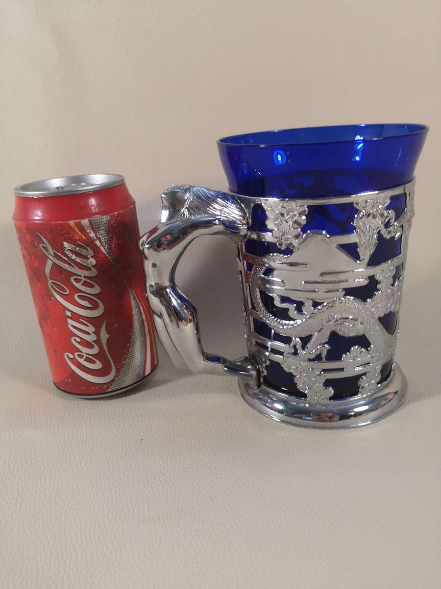 Vintage 1940's Naked Lady Cobalt Blue Art Glass & Silver Chrome Tankard