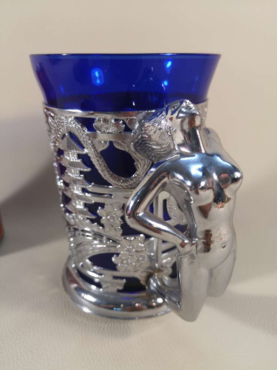 Vintage 1940's Naked Lady Cobalt Blue Art Glass & Silver Chrome Tankard