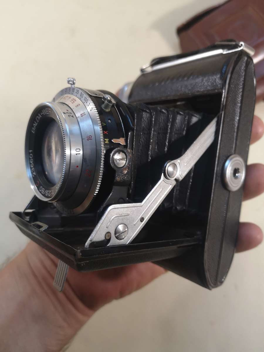 Vtg BALDA Baldinette Bellows Camera f/3.5 50mm Lens West Germany 1950s w/Case
