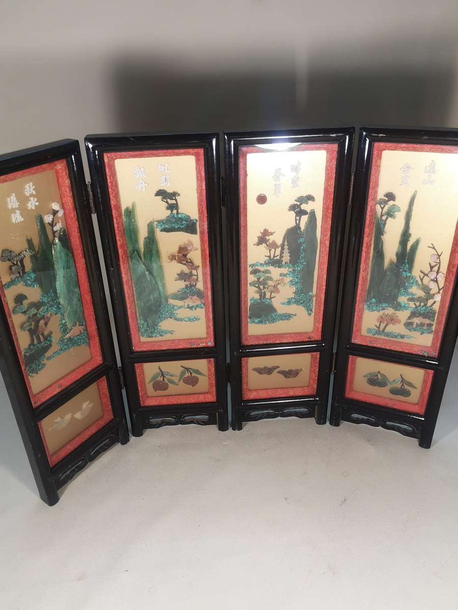 Rare 1900,s Antique Oriental Jade Art 4 Seasons Black Lacquered Table Top Screen 460mm High