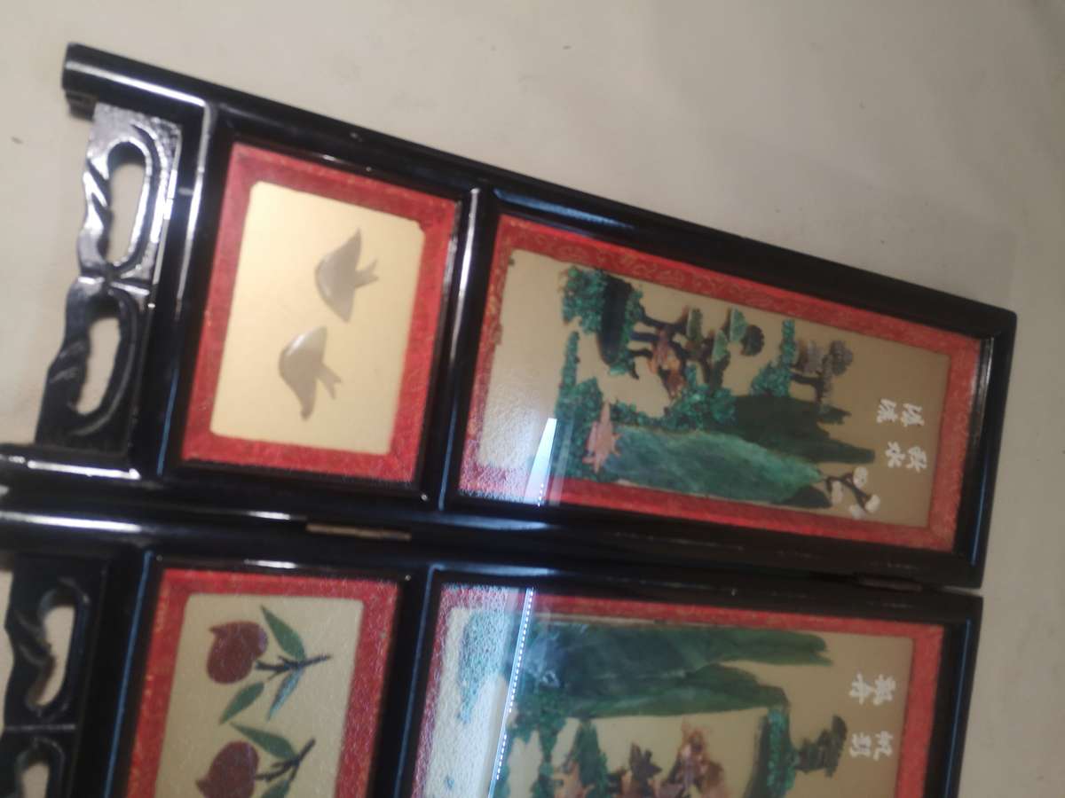 Rare 1900,s Antique Oriental Jade Art 4 Seasons Black Lacquered Table Top Screen 460mm High
