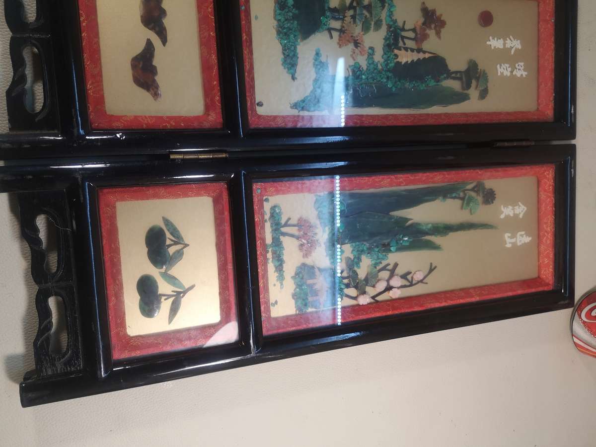 Rare 1900,s Antique Oriental Jade Art 4 Seasons Black Lacquered Table Top Screen 460mm High