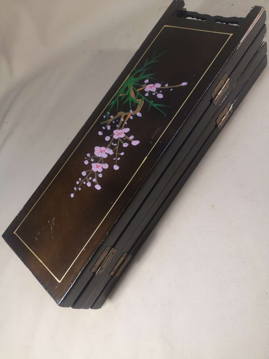 Rare 1900,s Antique Oriental Jade Art 4 Seasons Black Lacquered Table Top Screen 460mm High