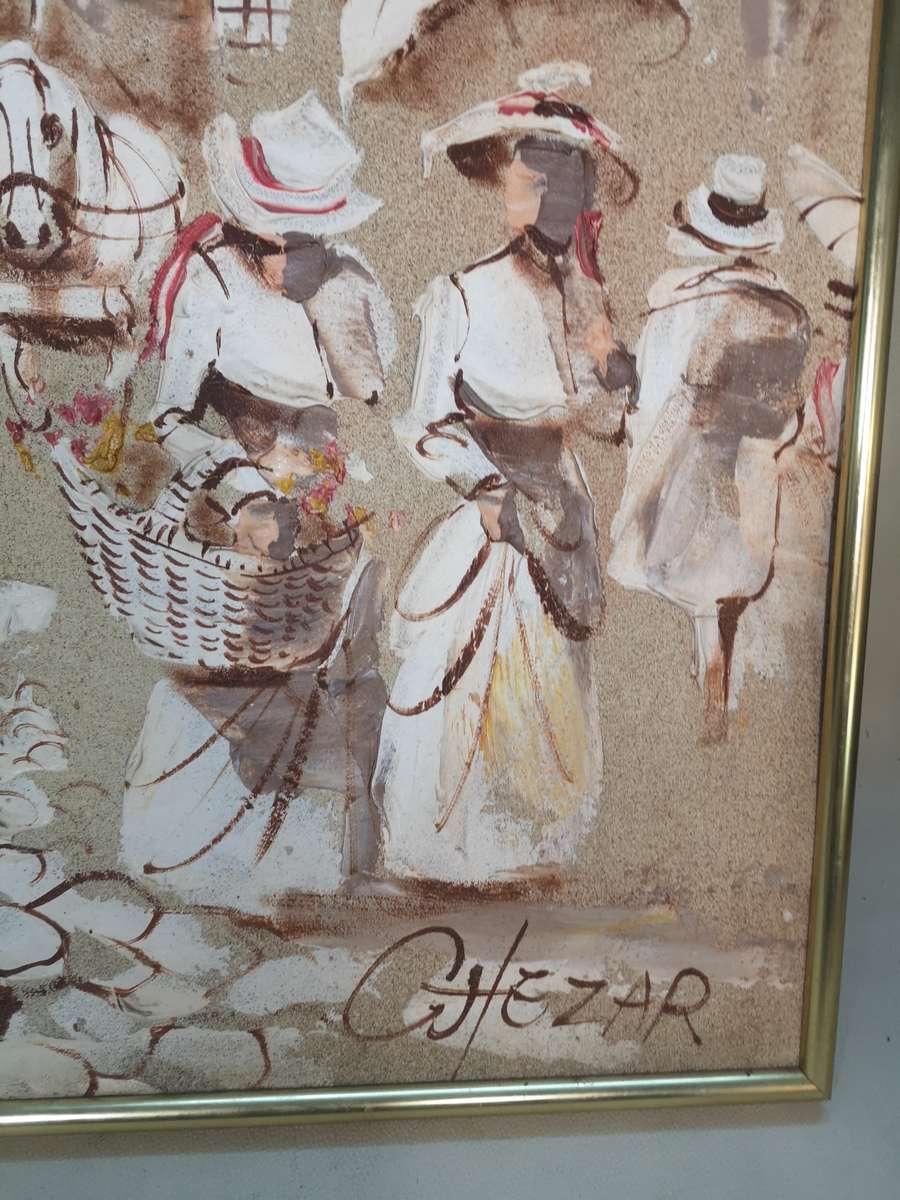 BORIS CHEZAR! (1913-2008) SIGNED ORIGINAL SAND OIL PAINTING OF A HORSECART COBBLE STREET SCENE