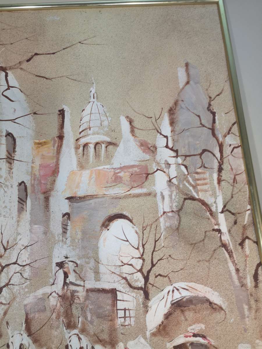 BORIS CHEZAR! (1913-2008) SIGNED ORIGINAL SAND OIL PAINTING OF A HORSECART COBBLE STREET SCENE