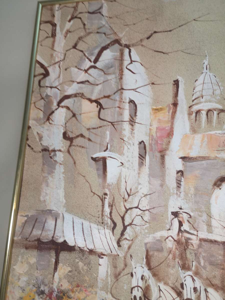 BORIS CHEZAR! (1913-2008) SIGNED ORIGINAL SAND OIL PAINTING OF A HORSECART COBBLE STREET SCENE