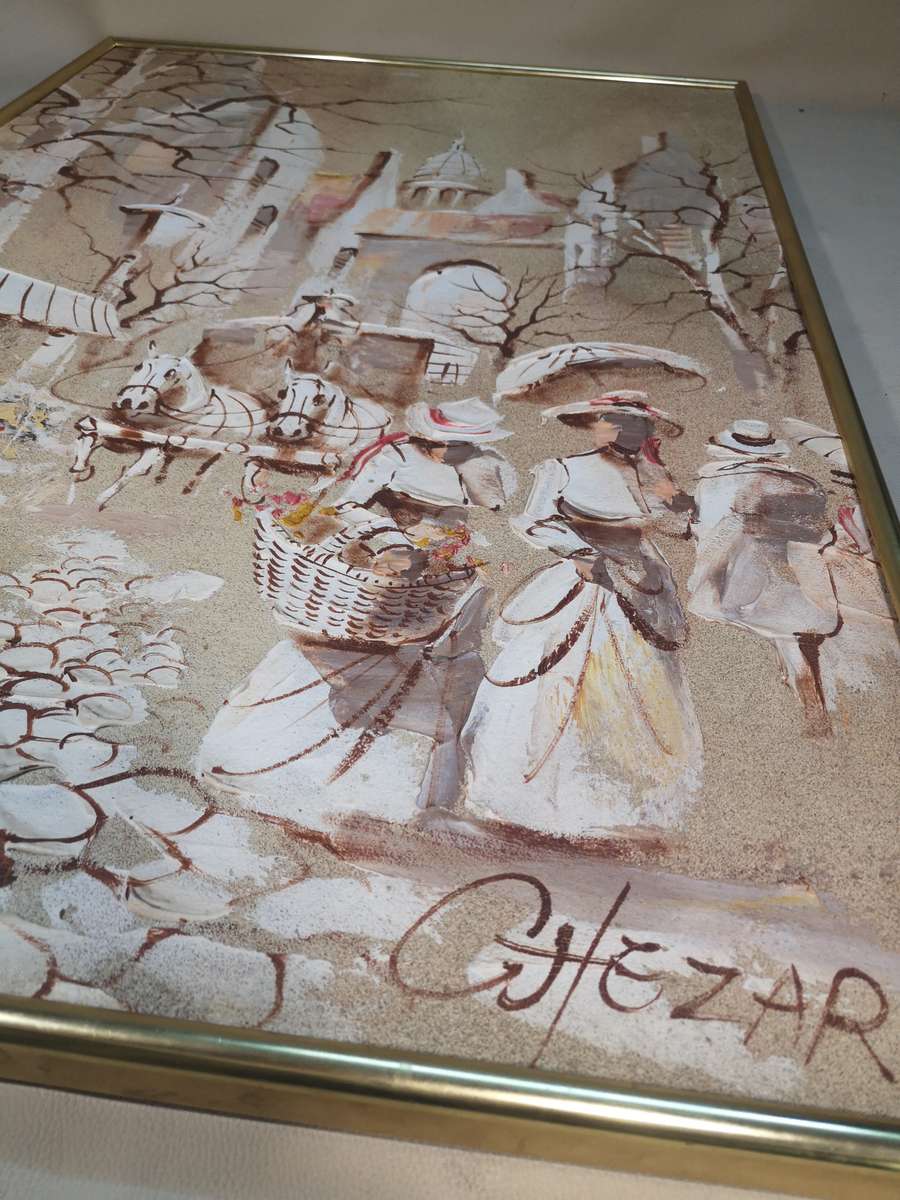 BORIS CHEZAR! (1913-2008) SIGNED ORIGINAL SAND OIL PAINTING OF A HORSECART COBBLE STREET SCENE