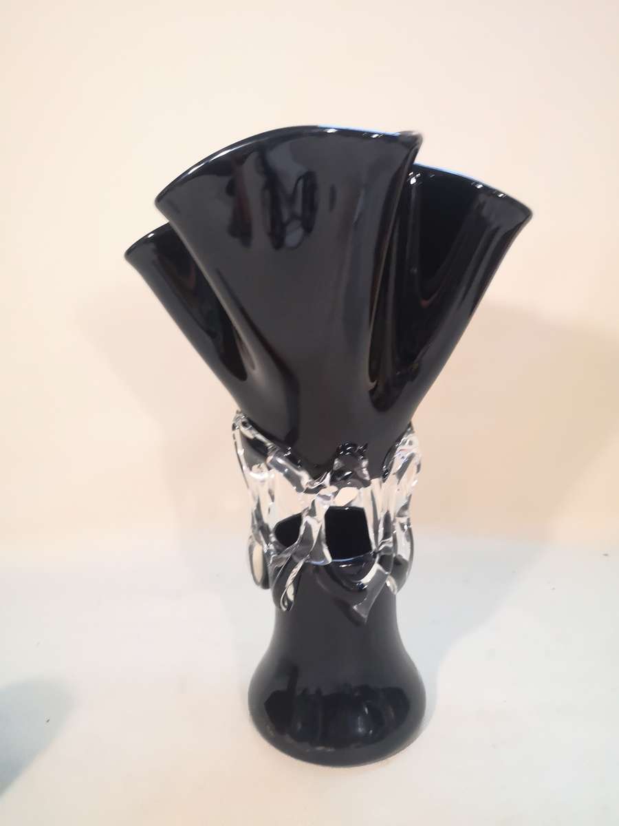 Vintage Mid-Century Modern Black and Clear Glass Art Vase