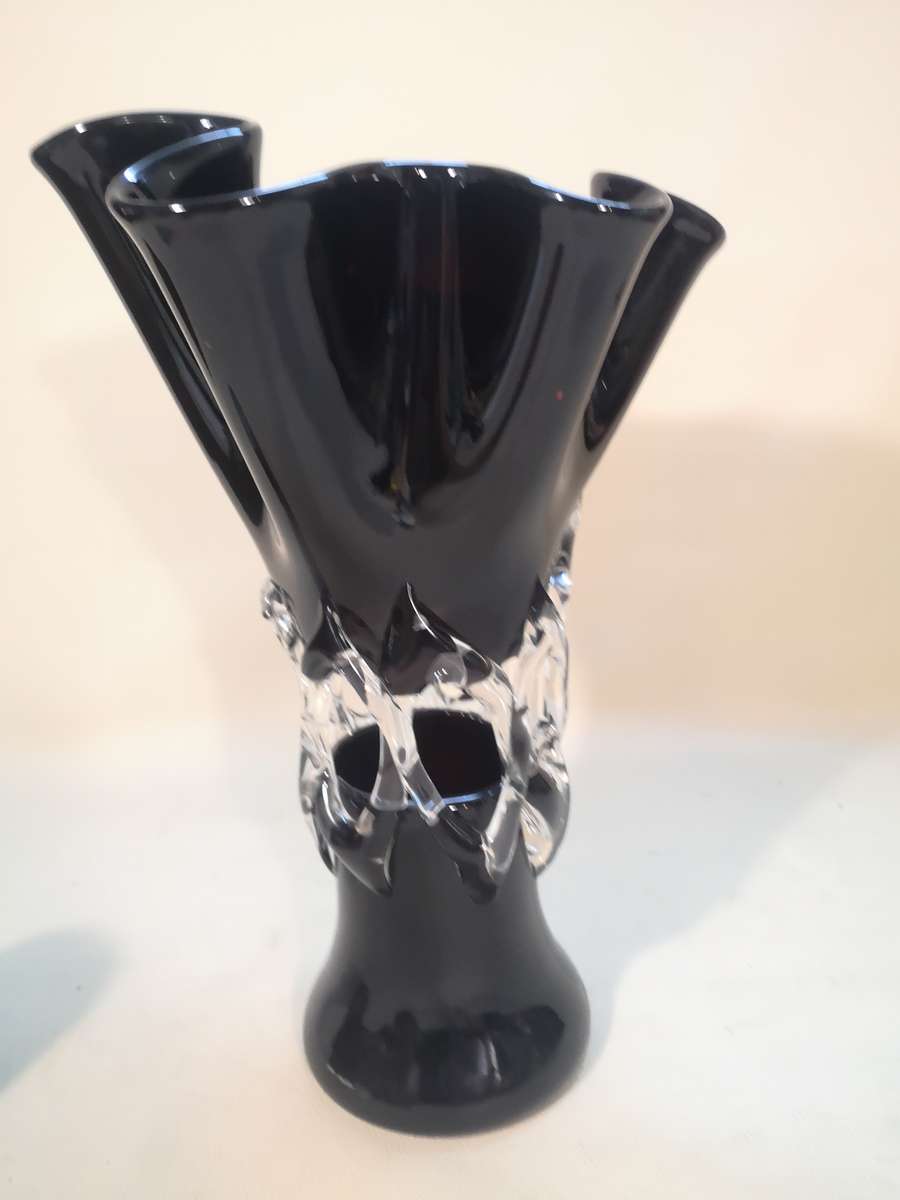 Vintage Mid-Century Modern Black and Clear Glass Art Vase