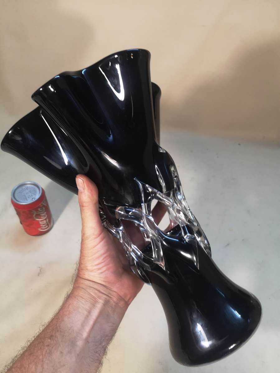 Vintage Mid-Century Modern Black and Clear Glass Art Vase