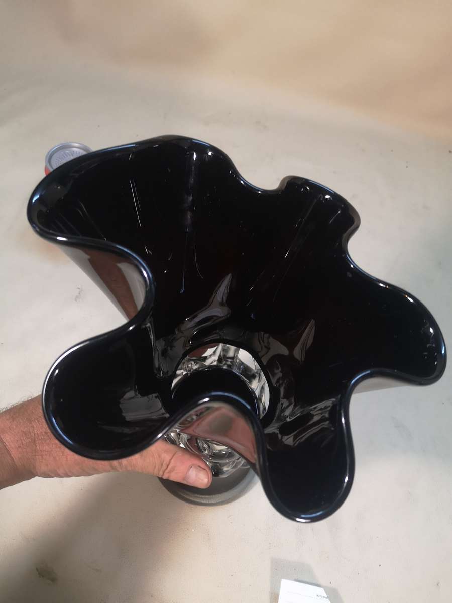 Vintage Mid-Century Modern Black and Clear Glass Art Vase