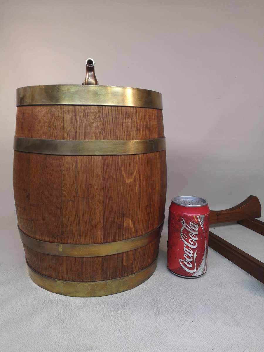 A Stunning Vintage Large solid Oak 10 Liter wine barrel with brass hoops, tap & stand