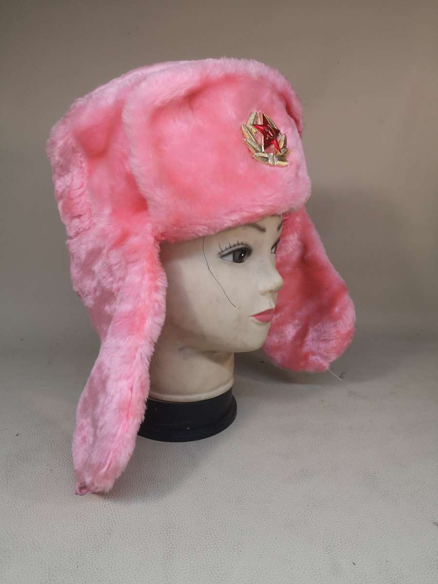 Russian Pink Ushanka Winter Hat Soviet USSR Army Pin Badge