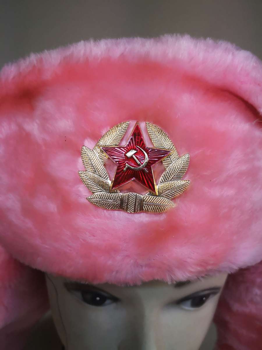 Russian Pink Ushanka Winter Hat Soviet USSR Army Pin Badge