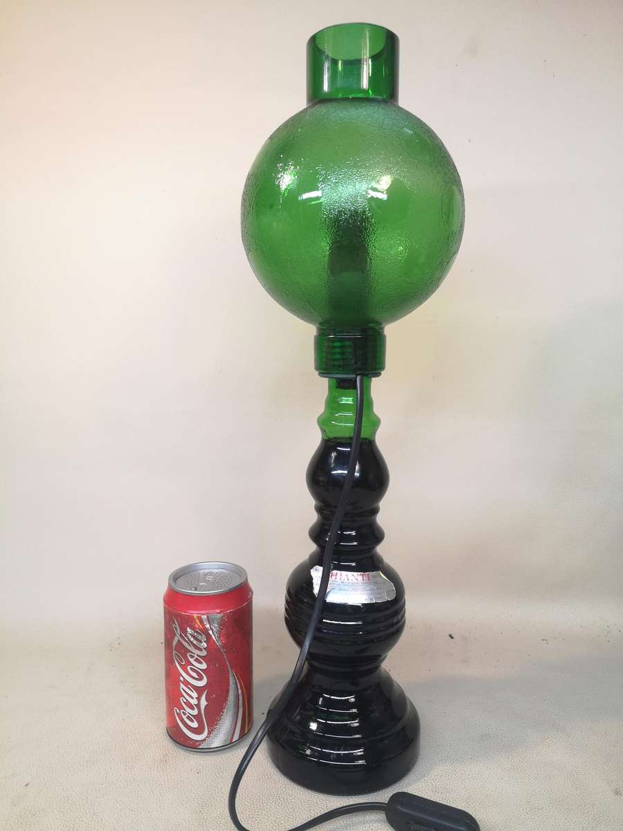 Large Vintage, Casa Vento, Chianti bottle lamp with round globe (Sealed and still full)