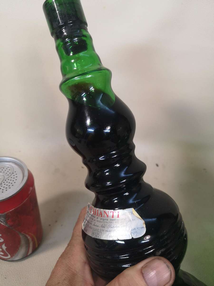 Large Vintage, Casa Vento, Chianti bottle lamp with round globe (Sealed and still full)