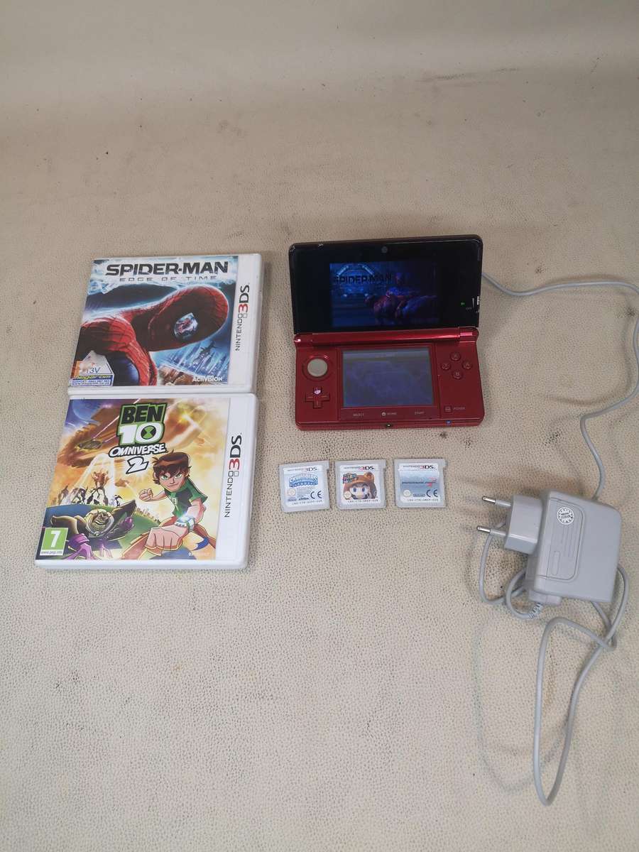 Nintendo 3DS Metallic Red Handheld Console with 5 Games & Charger