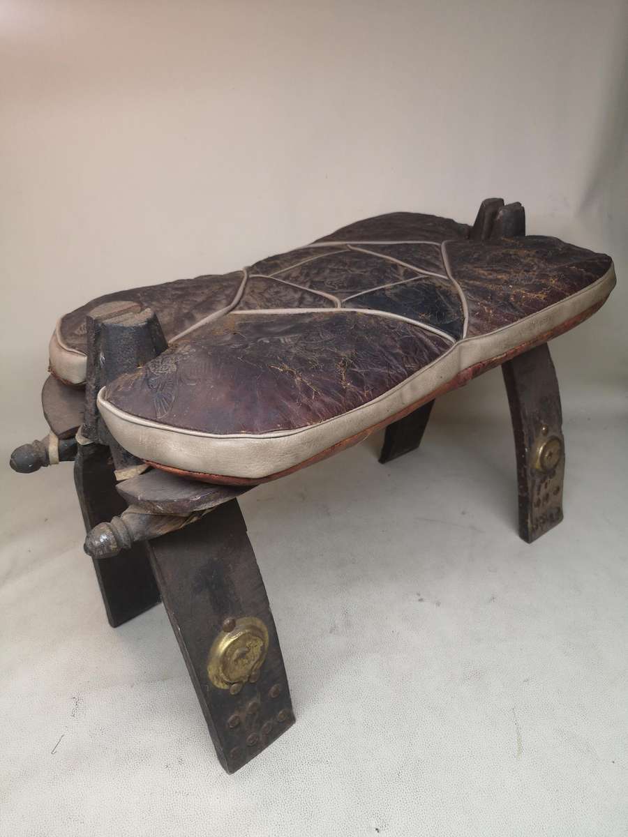 Vintage Peruvian Leather Egyptian Revival Camel Saddle Stool