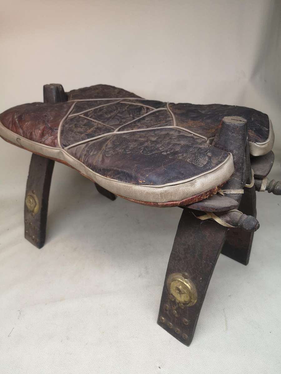 Vintage Peruvian Leather Egyptian Revival Camel Saddle Stool