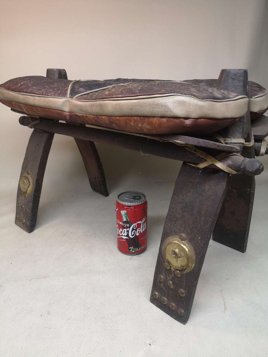 Vintage Peruvian Leather Egyptian Revival Camel Saddle Stool